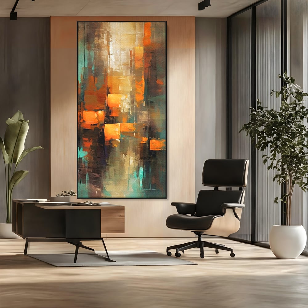 Tablou canvas cu pictura abstracta cu linii verticale, in rama de aluminiu negru, pe perete intr-un birou